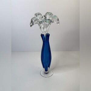 Vintage Blue Art Glass Vase 7.5” Tall Removable Clear Flower Top Collectible
